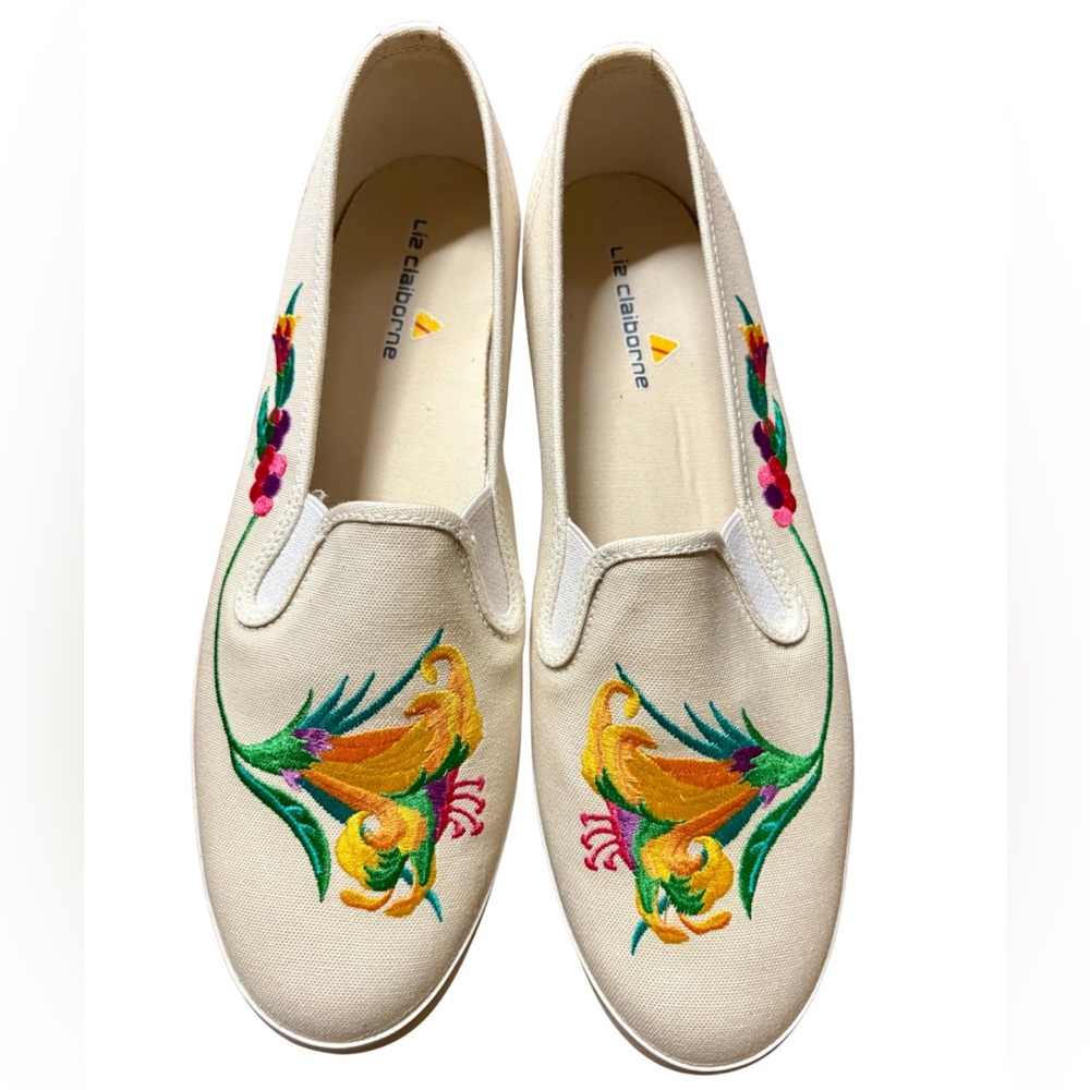 NWT 90’s LIZ CLAIBORNE Canvas Slip Ons Size 10 Floral Embroidered Y2K Vintage